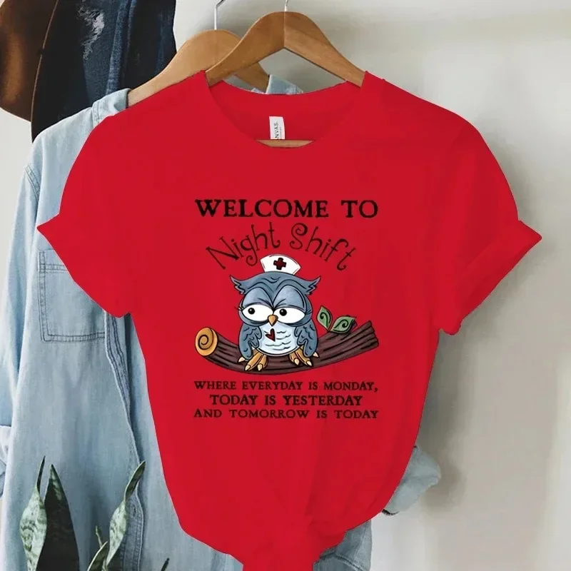 Cartoon T Shirt Welcome To Night Shift Letter Cute Tee Women Summer Fashion Aesthetics T-shirts Women Short Sleeve Top