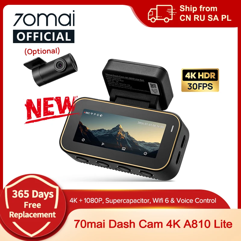 Image of 【Lokales Lager】70mai Dashcam 4K A810 Lite HDR mit Superkondensator, 4G-kompatibel, Sprachsteuerung, Wi-Fi 6, GPS, Auto-DVR, 70mai A810 Lite