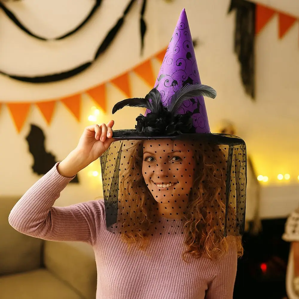 

Performance Props Lace Veils Halloween Witch Hat Uniqu with Black Flowers Wizard Hat Gothic Masquerade Hat Halloween Party
