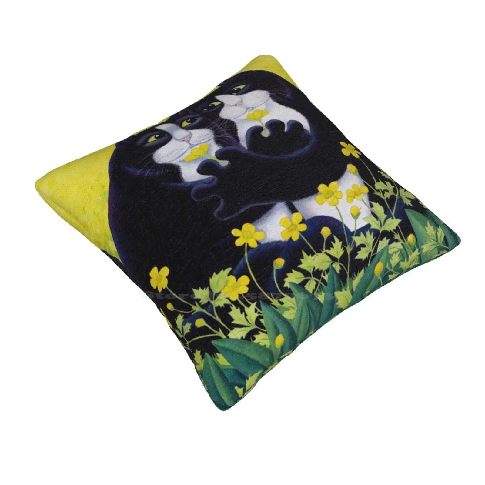 Buttercups Funny Cute Decor Square Pillowcase Cats Buttercups Love Flowers Tuxedo Black White Vickymount Edinburgh Scotland