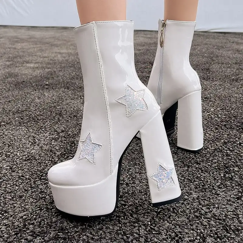Glitter Star Round Toe Platform Ankle Boots Women Patent Leather Chunky Block Heel Sweet Cool Fashion Boots