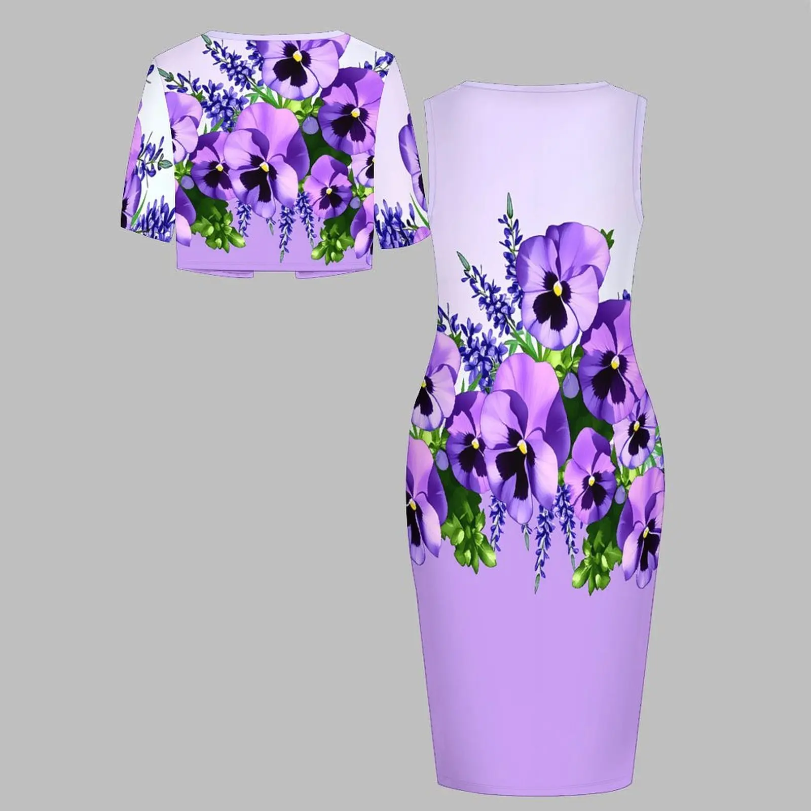 Plus Size 2pcs Women's Fashion Short-sleeved Coat Round-necked Tight Skirts Printed Design Two Piece Set Sleeveless Slim Skirt