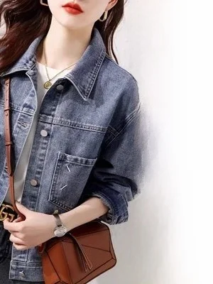 

European Vintage ort Denim Jaet Women's Top Faionable Versatile Loose Fit Warm Cotton Blend Collar Butto...