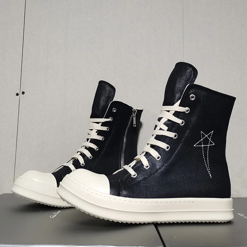 R0 Awn Star Embroidered Canvas Sneaker Casual Board  Shoes Thick Soled Short Boots Zipper Wax Cloth Shoes