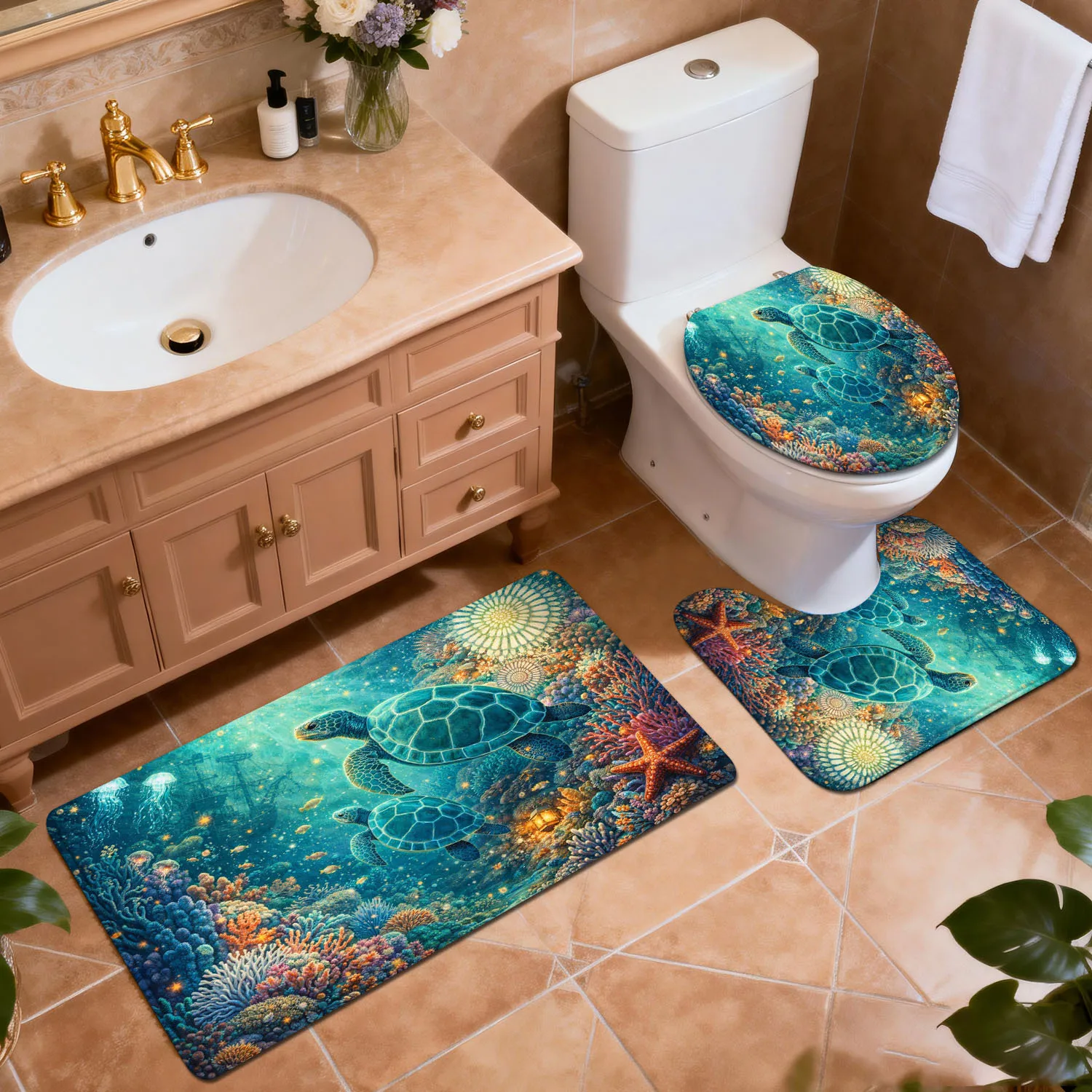 2D Flat Ocean Sea Turtle Bathroom Mat Set, 3pcs, Coral Starfish Underwater Pattern, Home Decor for Bathroom
