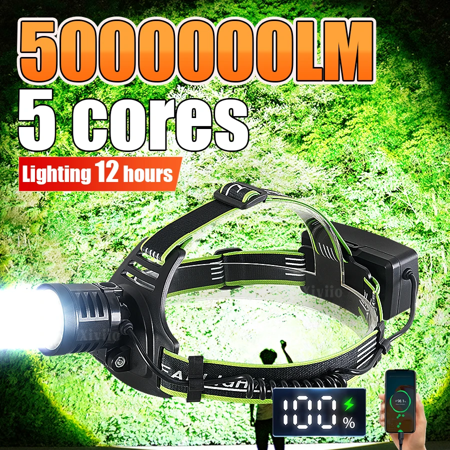 5000000LM 5LEDs Powerful Headlamp Head Front Light Rechargeable Type-c LED Head Flashlight For Fishing Hunting Head Lantern