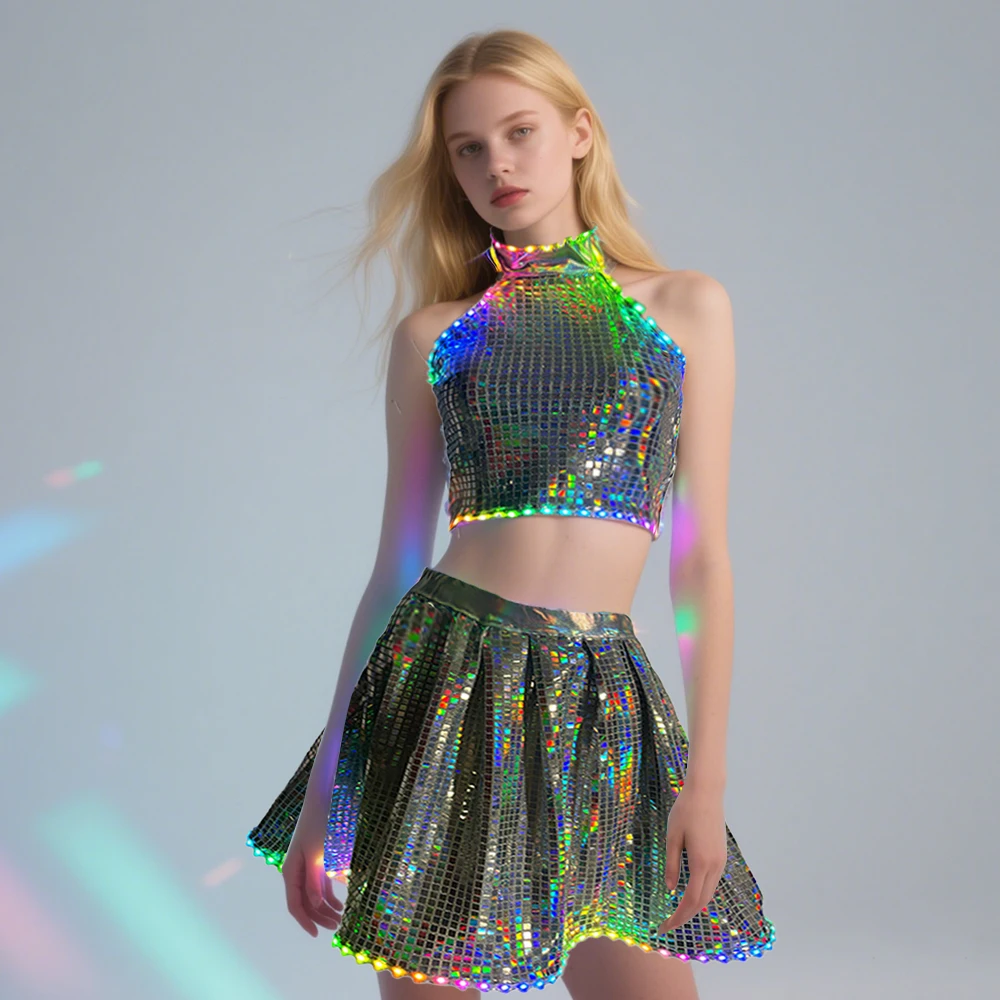 

2025 LED Remote Control Sequins Halter Women's Short Dress Sexy Backless Party Vest Laser Slim Sleeveless Two Piece Short Dress