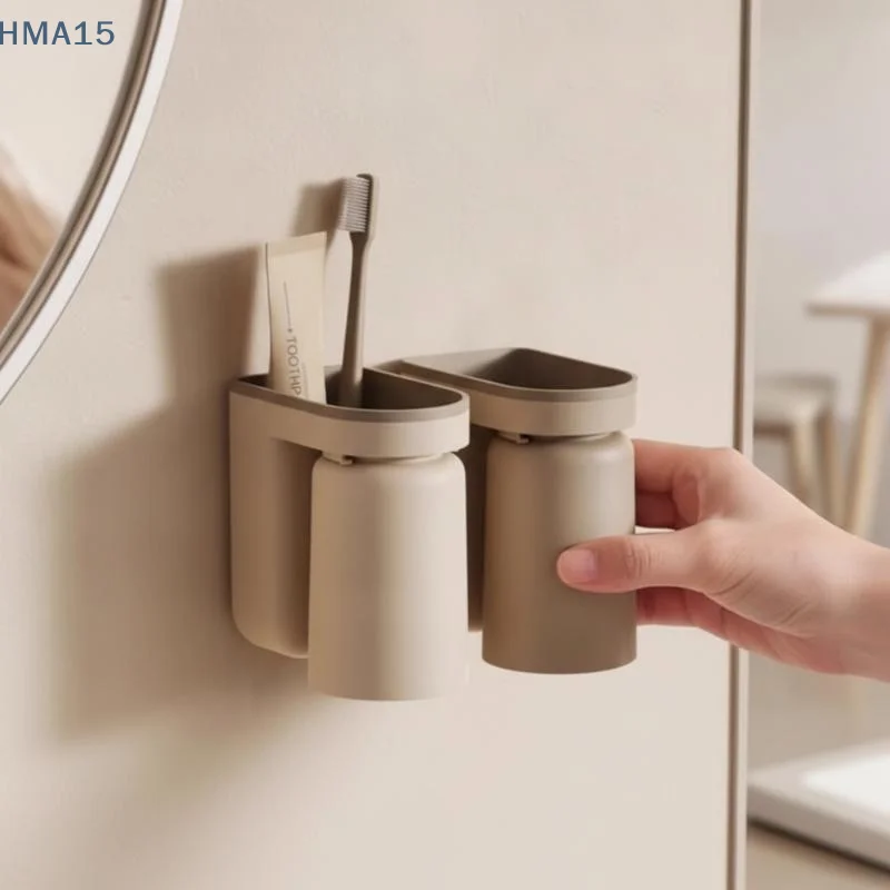 【YA】Innovative Wall Mounted Light Luxury Mouthwash Toothbrush Cup Storage Rack Couple Bathroom Organizer