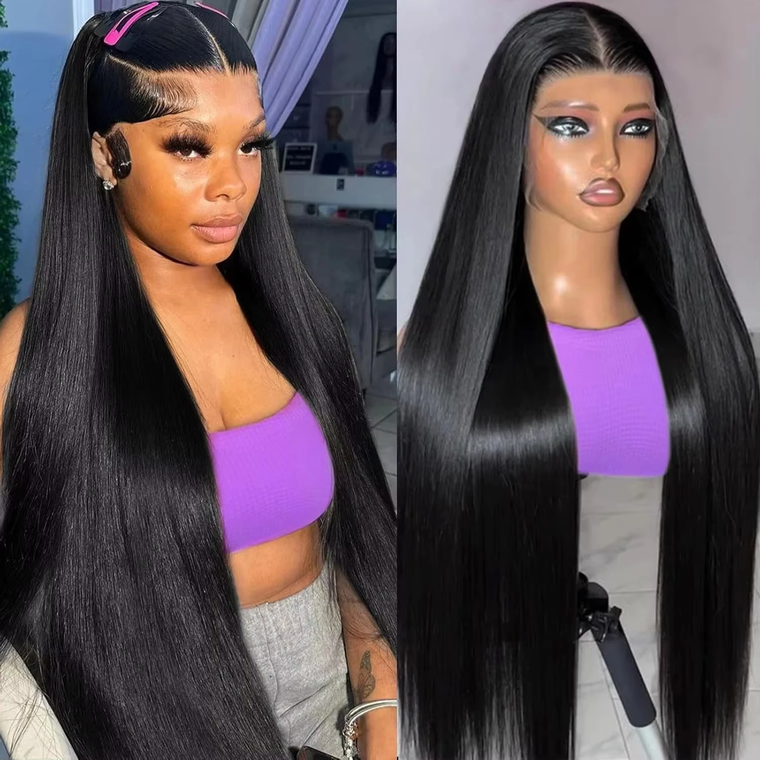13x6 Bone Straight Lace Frontal Human Hair Wig 30 38 Inch 180% Density HD Lace Pre Plucked Brazilian Hair Lace Front Wigs For African American Ladies