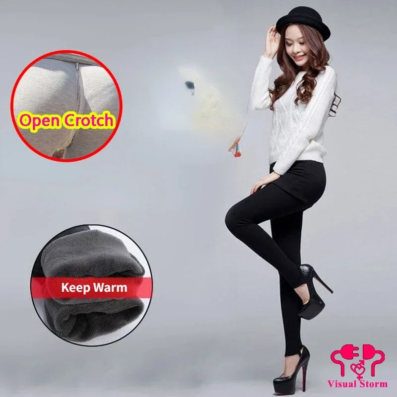 Winter Women Sexy Open Crotch Leggings Hidden Zippers Cotton Thicken Fake Skirt Crotchless Pants Outdoor Thermal Panties Couple