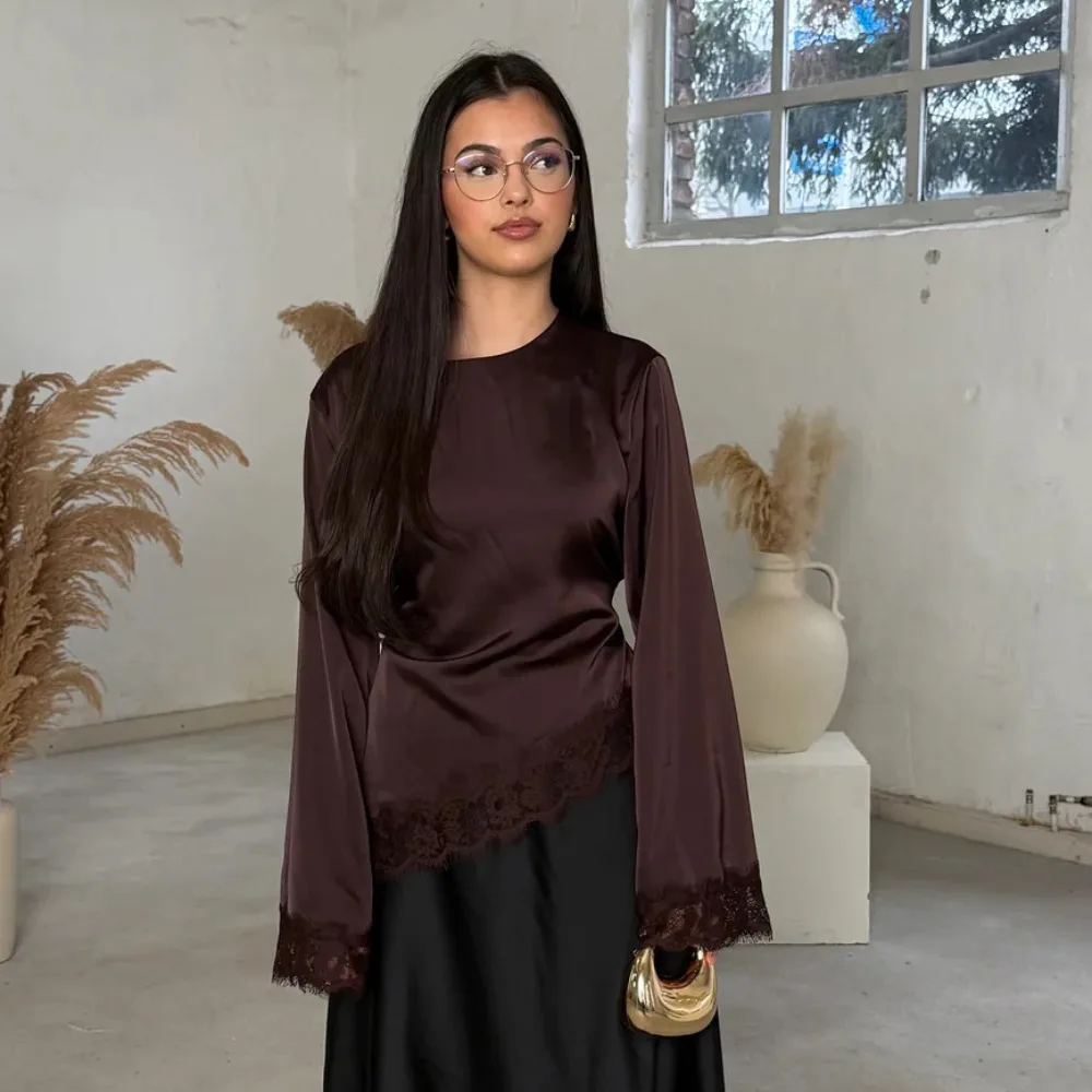 Belted Waist Lace Patchwork Top Asymmetrical Design Solid Color Long Sleeves Elegant Flare Sleeve Round Neck Pullovers Spring