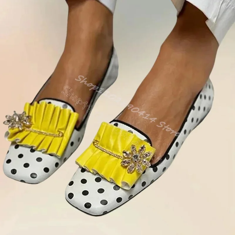 

Wave Point Print Crystal Flower Pleated Design Pumps Slip On Women Shoes Low Top Fashion Party Banquet 2025 Zapatos Para Mujere