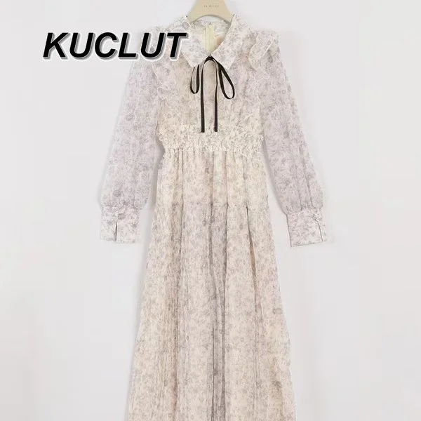 Vintage elegante jurken voor dames 2025, nieuwe Japanse stijl, stropdas, zoete bloemen, geplooide jurk met lange mouwen, lente en herfst