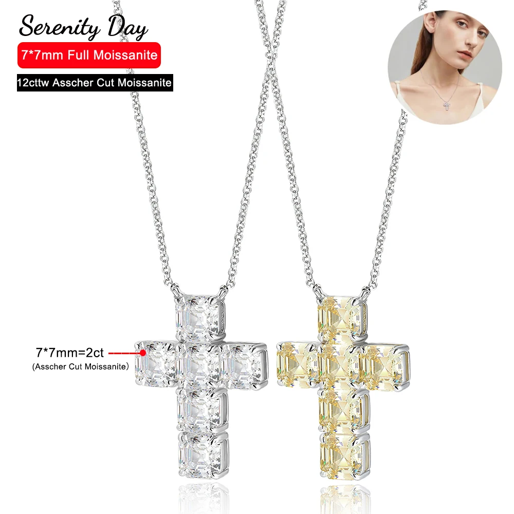 GRA Certified 7*7mm Asscher Cut Full Moissanite Cross Necklace For Women 12cttw 6 Stones D Color S925 Plate 18K Pendant Necklace