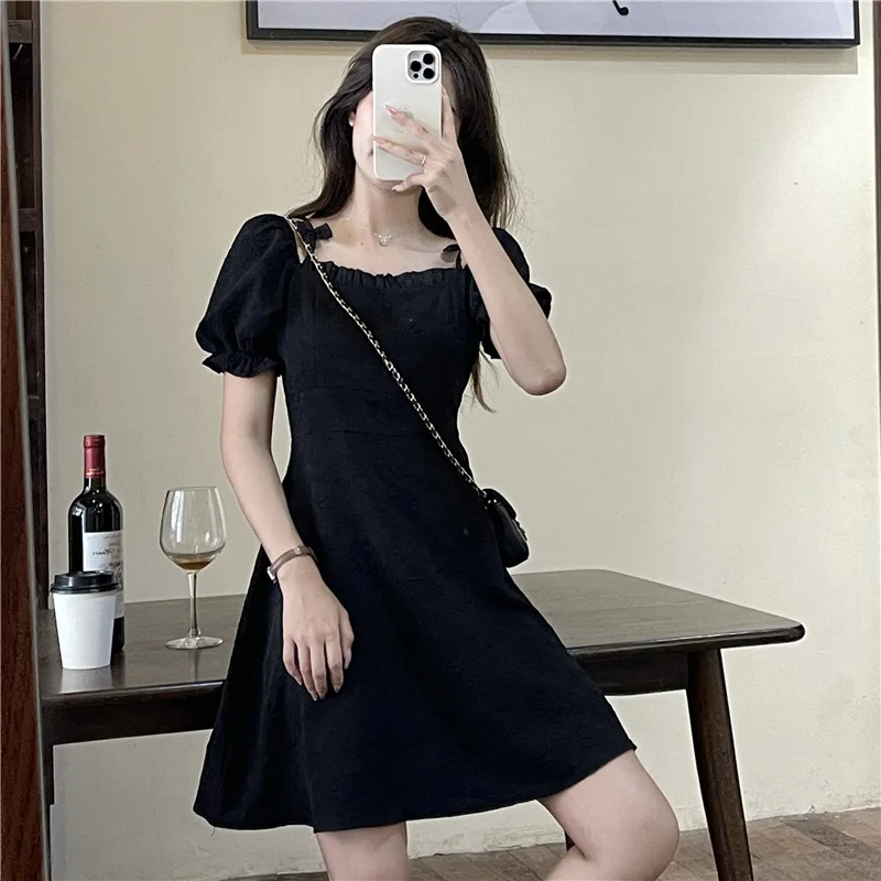 New Women Vogue Off Shoulder Dress Lady Kawaii Bowknot Holiday Casual Dress Female Gentle Cutecore Elastic Puff Sleeve Dress