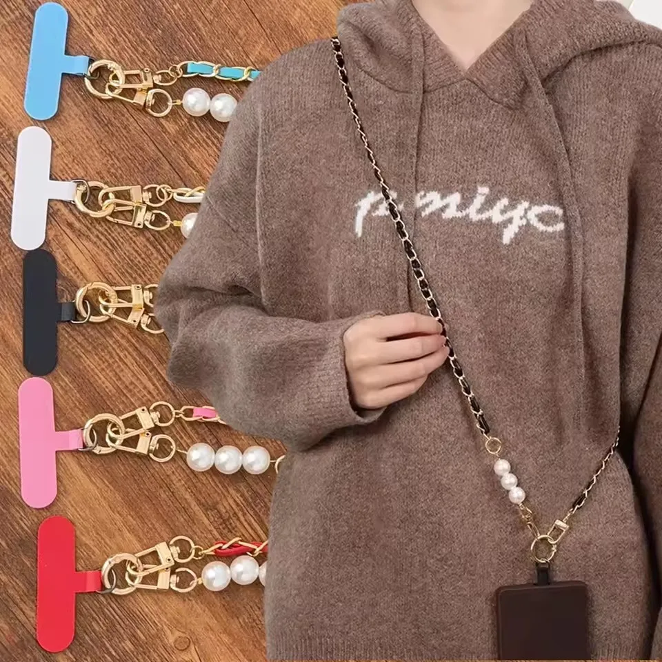 Universal Phone Lanyard Pearl Metal Cell Phone Chain Women Girl Crossbody Neck Strap with Tether Tabs Anti-Theft Detachable Cord