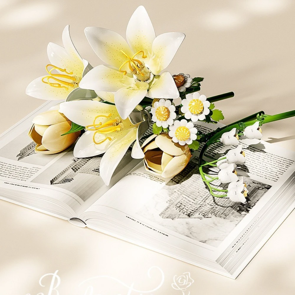 MOC 캐모마일 튤립 백합 꽃 꽃다발 빌딩 블록 세트 인공 꽃 DIY 장난감 어린이를위한 생일 특별한 날 선물