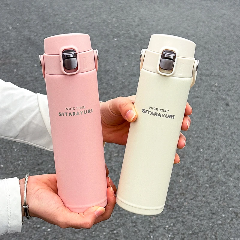 1 Stück Edelstahl-Vakuumflasche, 500ml Pop-Up Direkttrink-Isolierflasche mit Breitem Griff, Tragbare Outdoor-Sportflasche