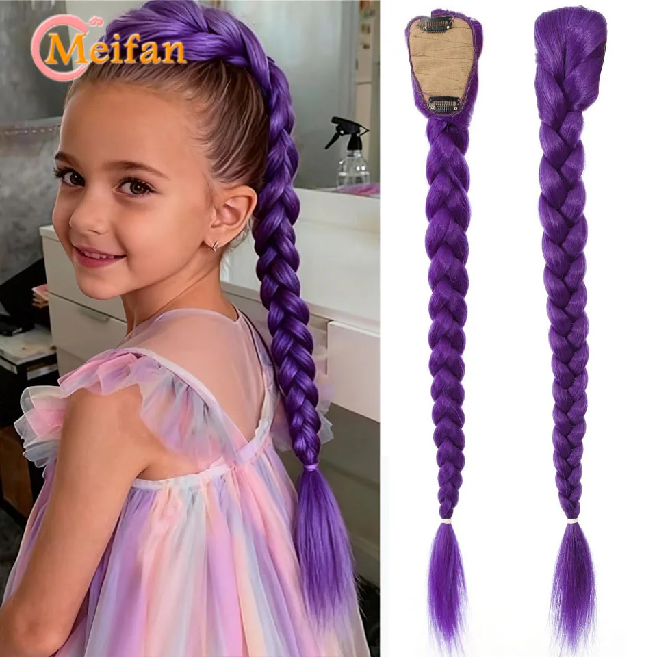 

Long Purple Ponytail Synthetic Ru mi Girl Braids Hair Ponytail with Clips in Ponytail for Kids Girls Halloween Christmas Party