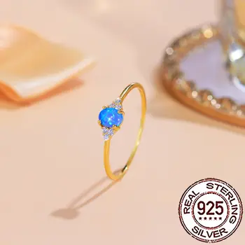 CWWZircons S925 純銀璀璨藍色神秘橢圓形蛋白石金色戒指,女士 CZ 婚禮派對精美珠寶 SR076 10 最佳銷售 藍色蛋白石戒指 - №8