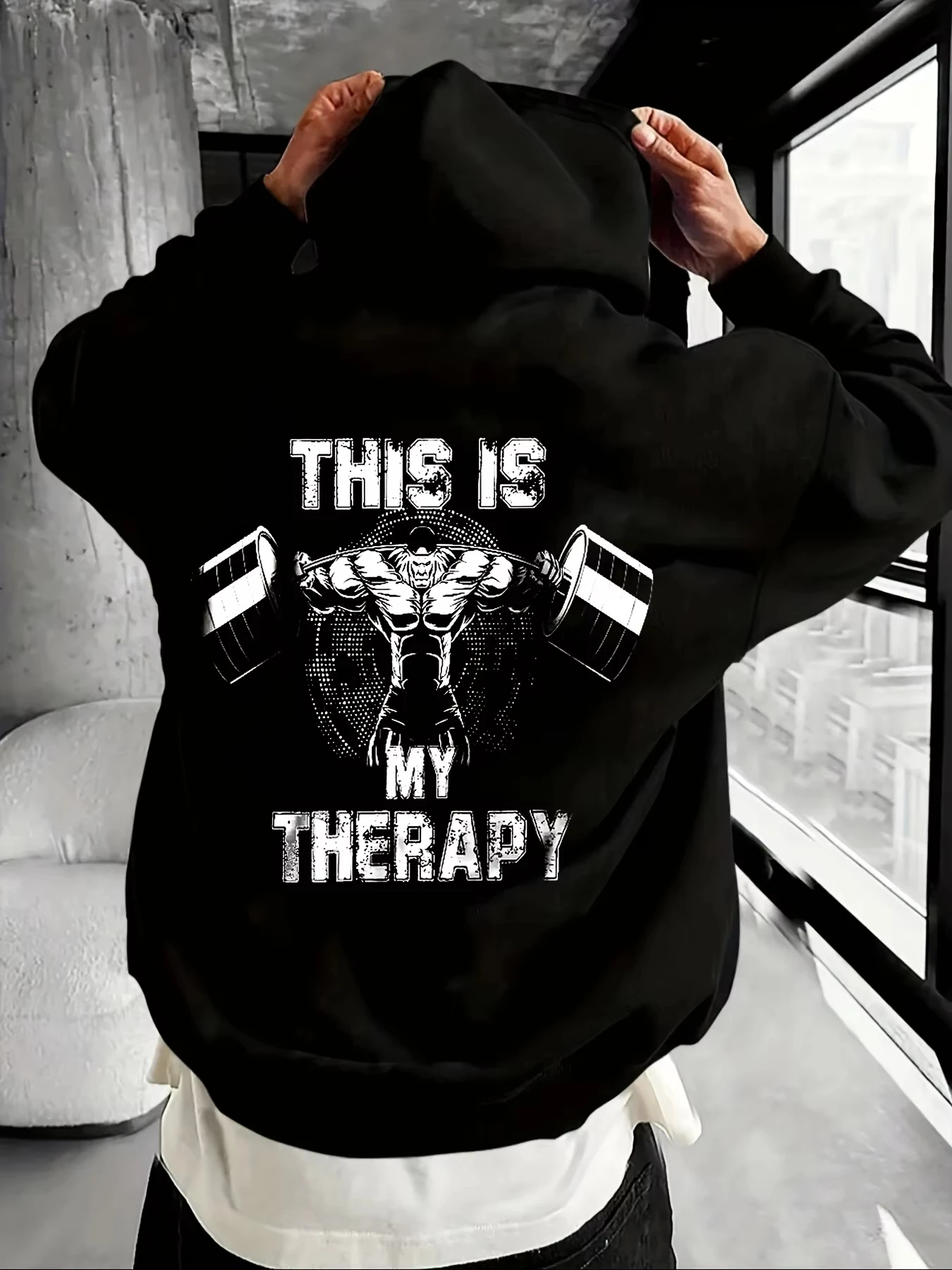 Moletom com capuz This Is My Therapy Pattern para homens, outono/inverno, novo moletom fitness masculino para academia, respirável.