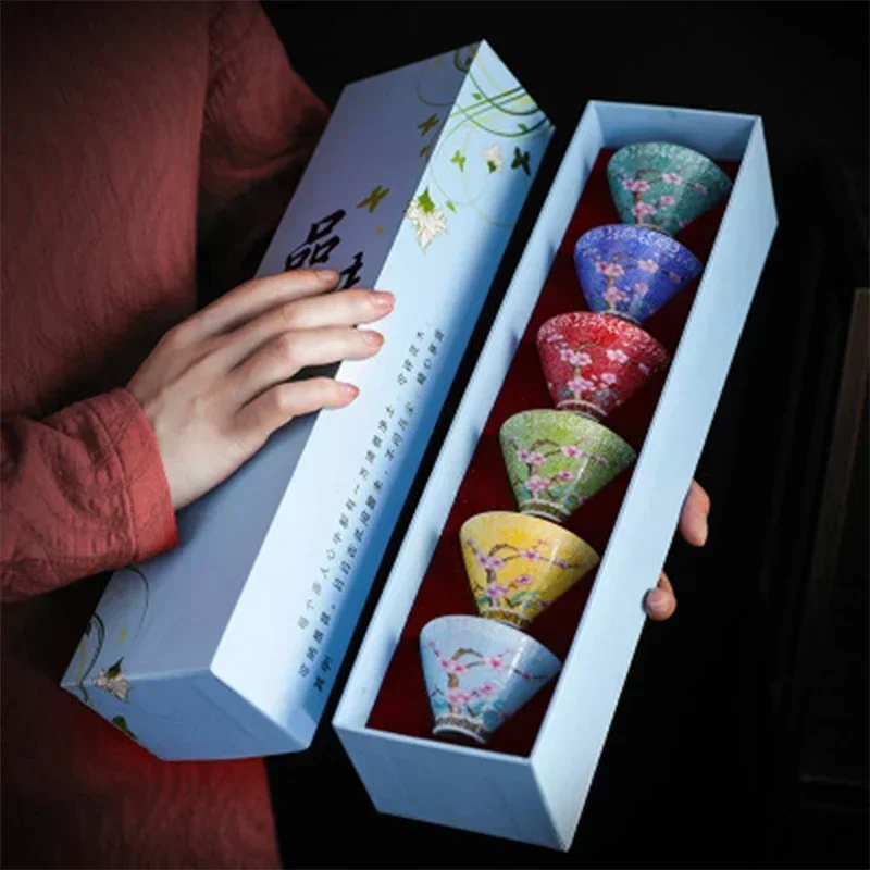 

Jingdezhen 6Cups Ceramic Small Tea Bowl Hand Drawn Peach Flower Tea Cup Outfit Chinese Kungfu Tea Set Ceremony Mug