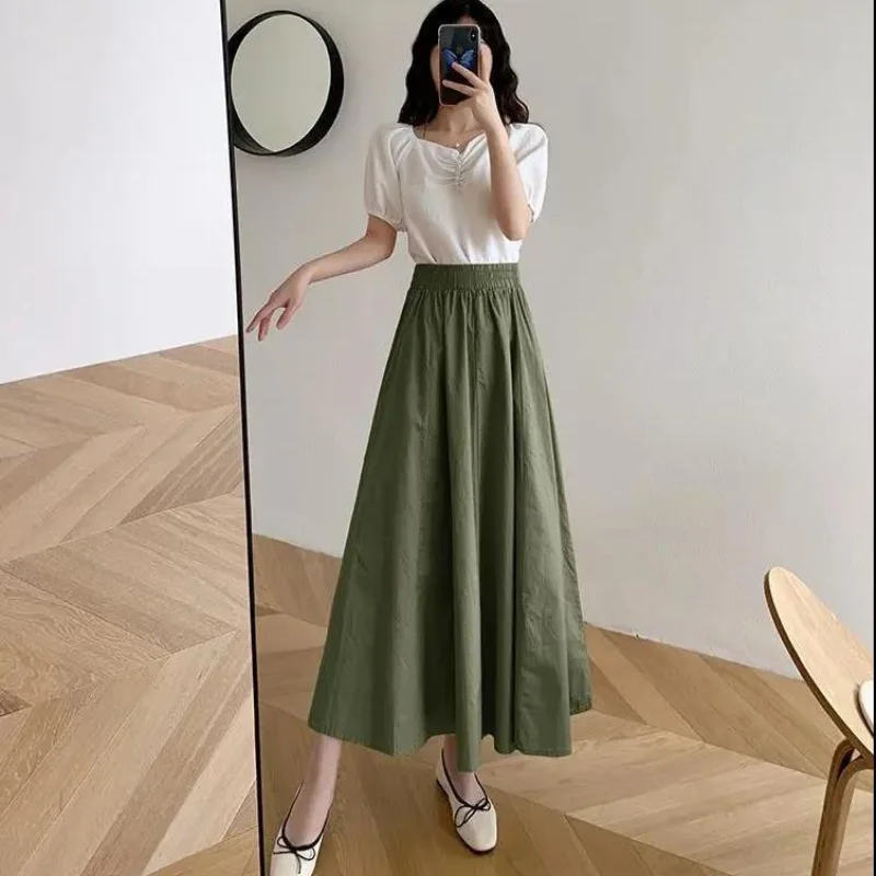 High-end Fashion Solid Color Large Swing Mid Length Skirt Women High  Summer Slim  Korean Casual All-match Lady Umbrella Skirt