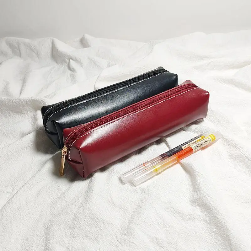 New Simple PU Leather Pencil Case Small Portable Makeup Brush Storage Bag Students Large Capacity Stationery Box School Supplies
