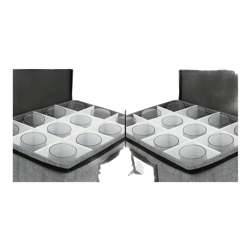 Portable Whiskey Glass Storage Container with 12 Compartments and Double Chain Closure for Safety and Mobility