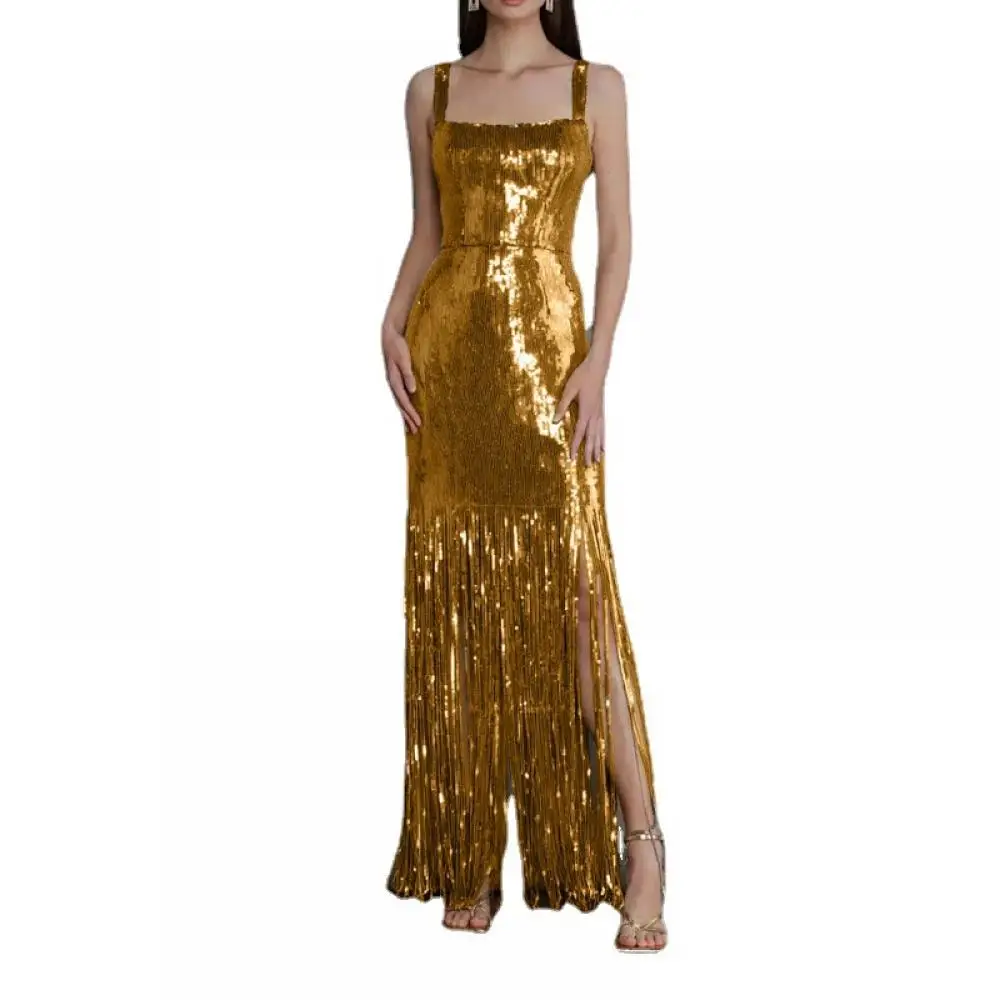 Gold Sequins Sexy Sleeveless Suspender Evening Slim Long Dress Slim Tassels Backpacks Split Robe Party New 2024 Women Fashion