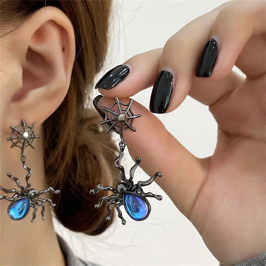 New Punk dark Gothic Women's Moonstone Spider Earrings Fashion Cute Spider Web Dangle Drop Earring Halloween Party Jewelry Gift