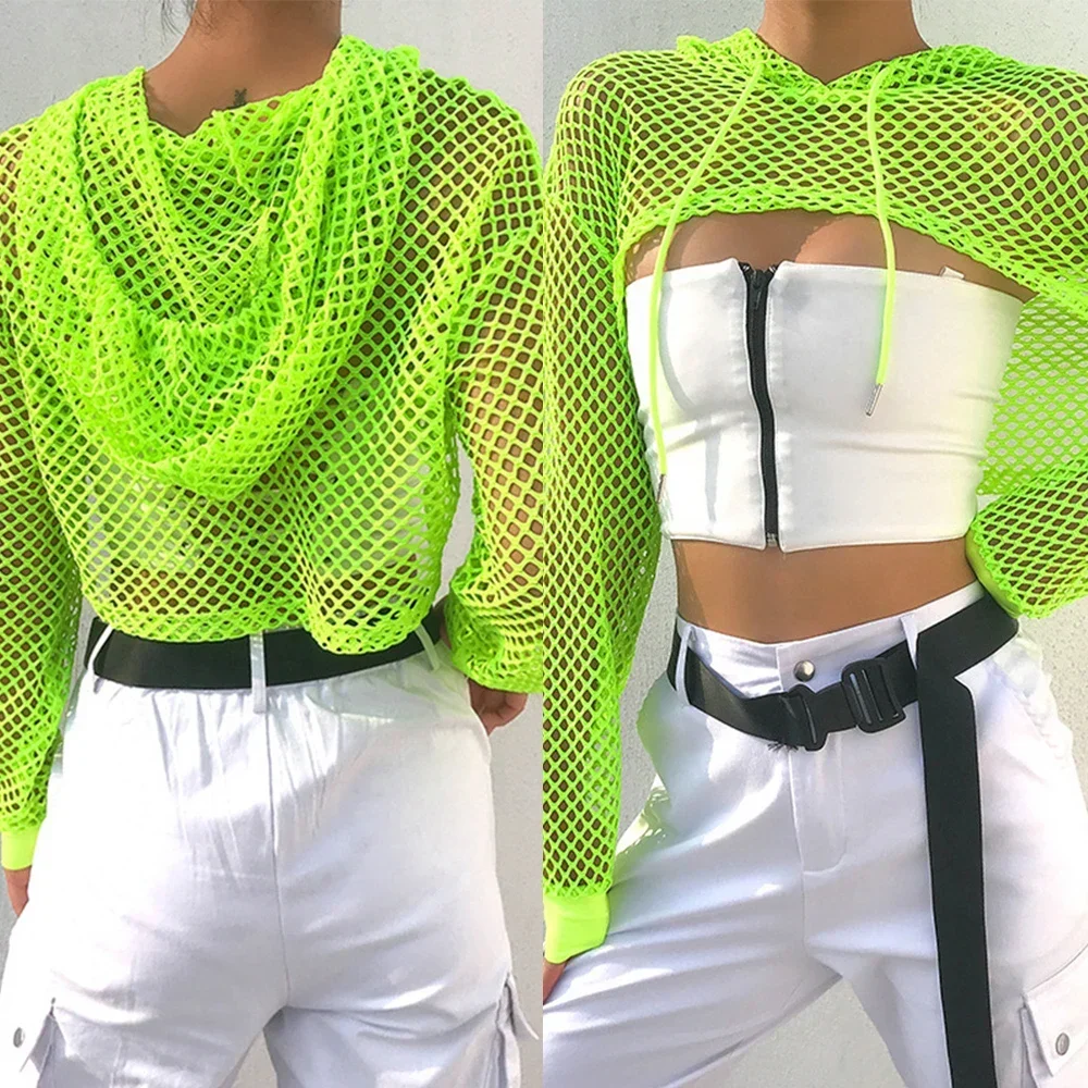 

Women Sexy Fishnet Hooded Cropped Top Neon Green Mesh Fishnet Short T Shirts Perspective Smock Long Sleeve Sweatshirt Streetwear