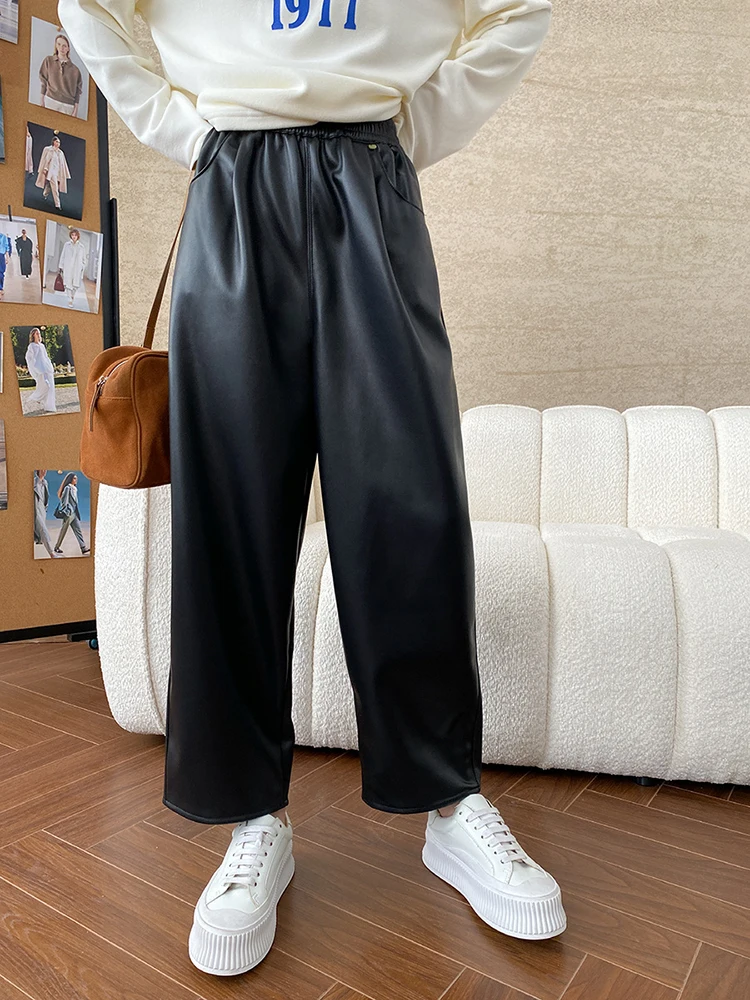 [LANMREM] Vintage Leather Pants For Women Elastic High Waist Straight Wide Leg Trousers Office Lady 2024 Winter New 26C1163