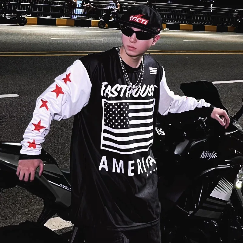 

Star Flag Motorcycle Riding Long Sleeved Shirt for Men and Women, Off-road Sports Casual Breathable Quick Drying Shirt