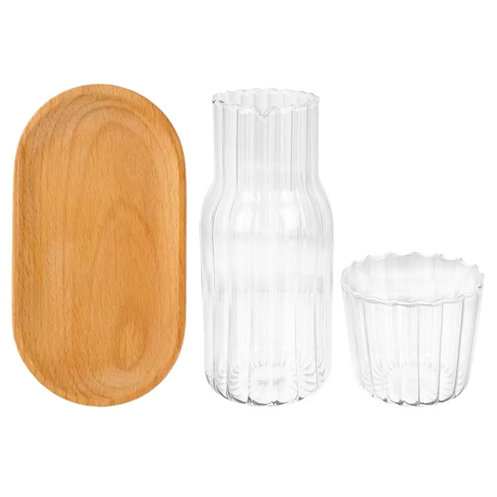 

1 set 1 Set Transparent Glass Water Pitcher Set Bedside Water Bottle With Wood Tray Multi-Function Decanter Juice Container Milk