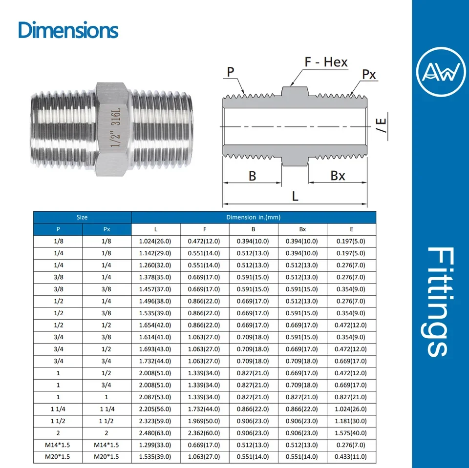 AW304 AW316 Stainless Steel Hex Nipple Fitting Male Thread BSPT NPT For Water Gas Oil Lines Pressure Rated 6000 PSI 414 BAR Size