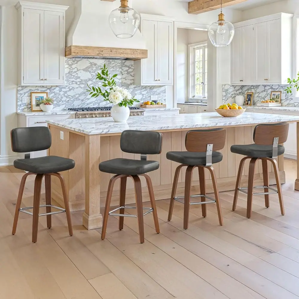 

Set of 4 Grey Upholstered Swivel Bar Stools, 26 Seat Height, Walnut Legs, PU Leather, for Kitchen/Counter/Bar