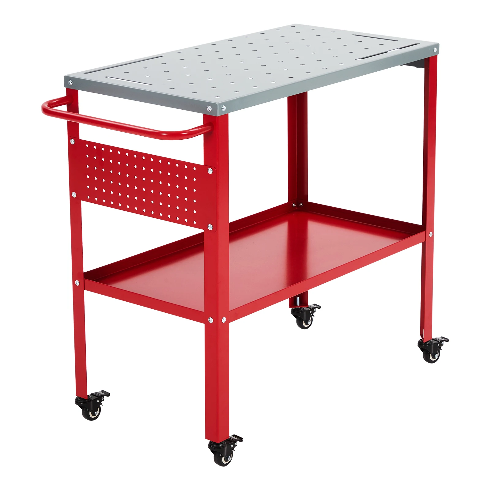 Table de soudage en acier, capacité 1200 lbs, avec 8 emplacements pour outils, trous de fixation de 1/2 pouce, table de travail portable avec plateau à outils et 4 roulettes verrouillables pour garage, atelier