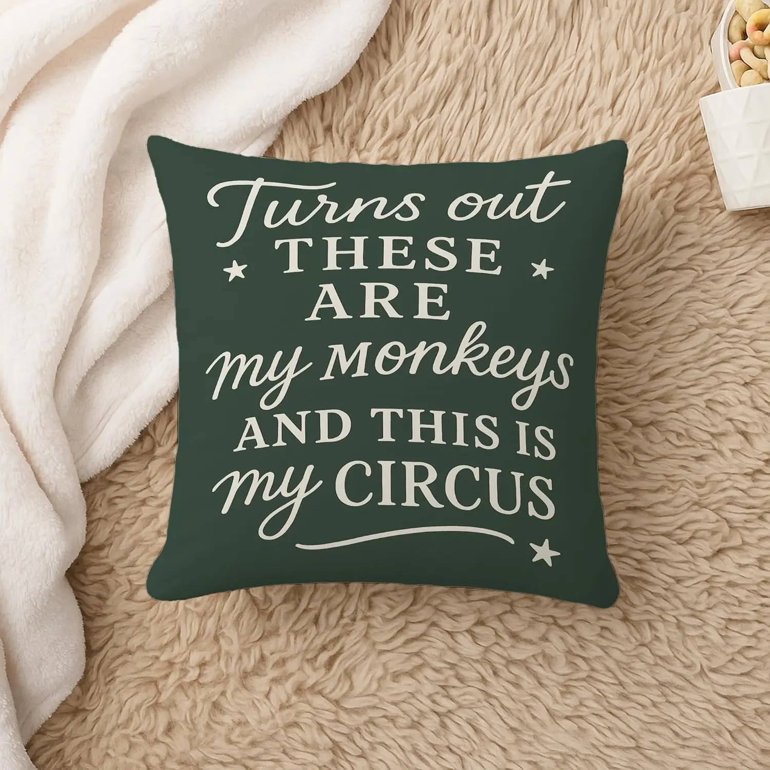 Funny Quote Pillowcase, My Monkeys My Circus Cushion Cover, Witty Saying Decor, Green and White Throw Pillow for Home