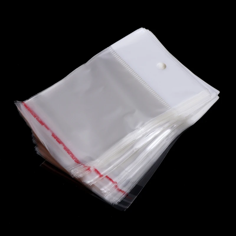 652F 100 Pcs Self-adhesive Bags Jewelry Plastic Sealing Bag Transparent Garment Bag Hanging Hole Bag Tableware Packaging Bag