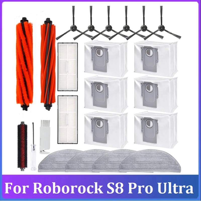 23PCS Accessories Kit For Roborock S8 Pro Ultra Robot Vacuum Cleaner Dual Main Brush Side Brush Filter Mop Dust Bag