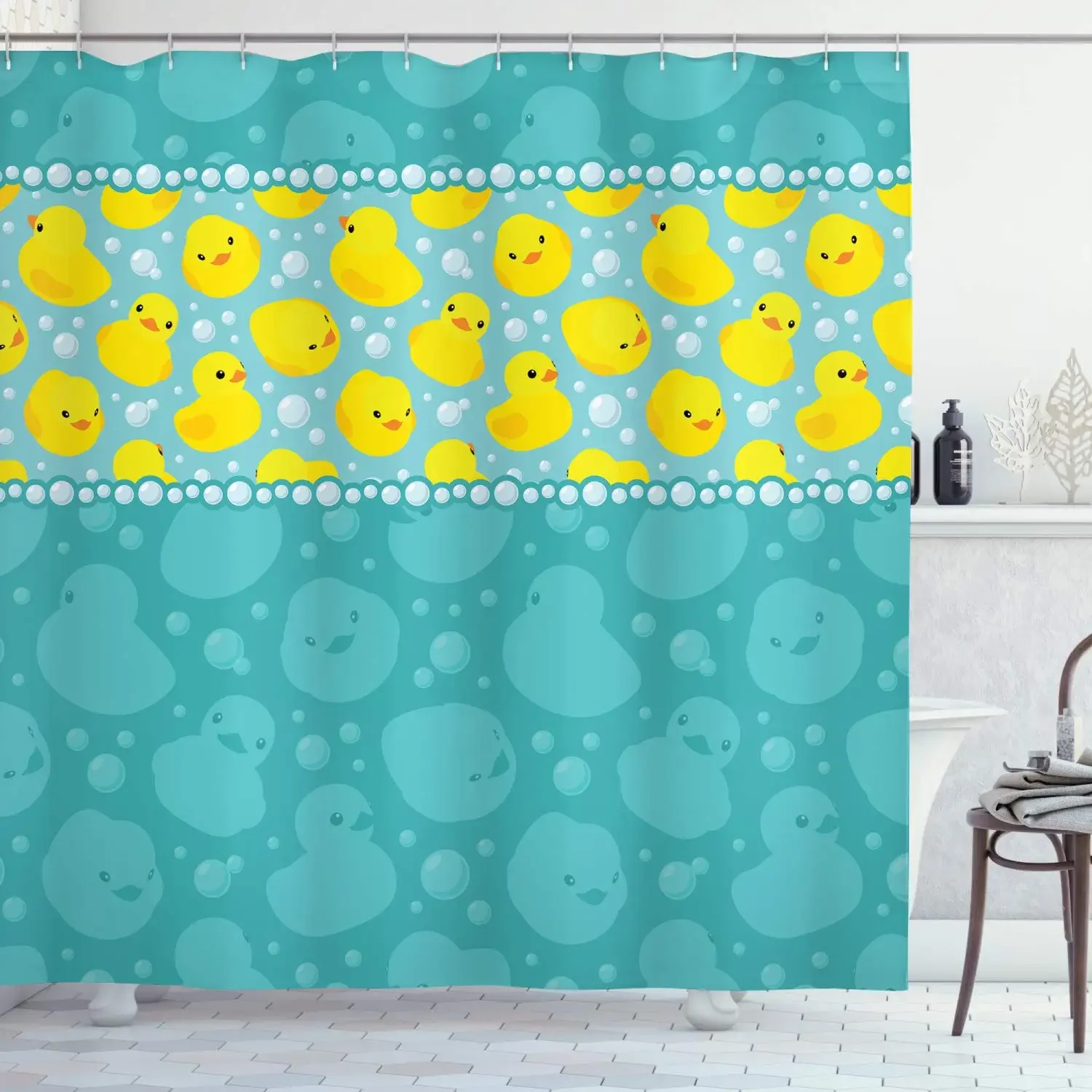 Duck Shower Curtain Cartoon Character Taking A Bath Colorful Drops Backdrop Dots,Cloth Fabric Bathroom Curtains with Hooks