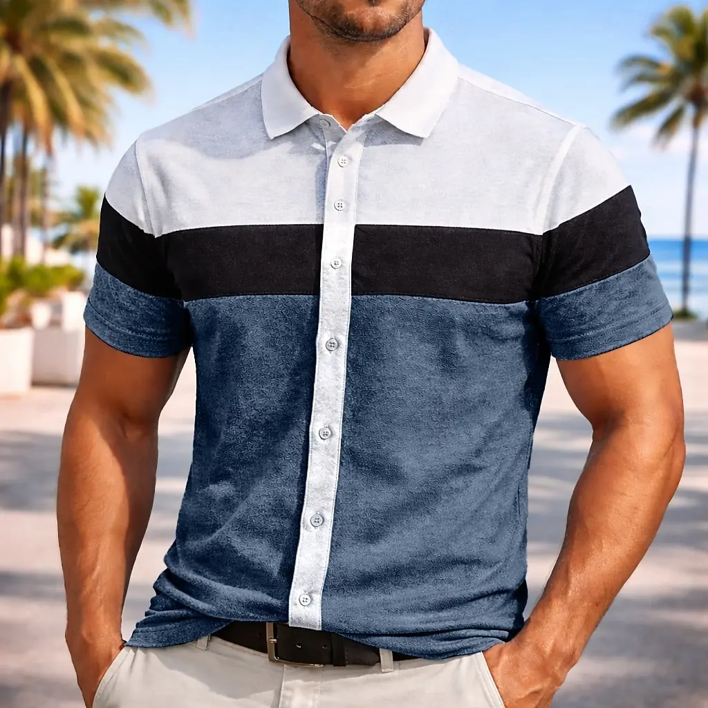 Men's Multi Shade Patchwork Button Up Shirt, Collar Tops For Spring Summer Fashion Daily Casual Daily Outfits