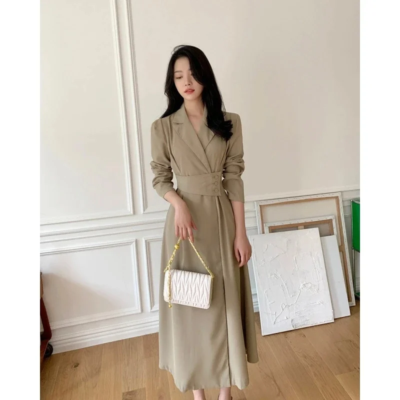 2026 nuevo vestido de mujer coreano Chic elegante cuello abatible cruzado de encaje Puff manga vestido camisero ajustado vestidos de longitud media para mujer