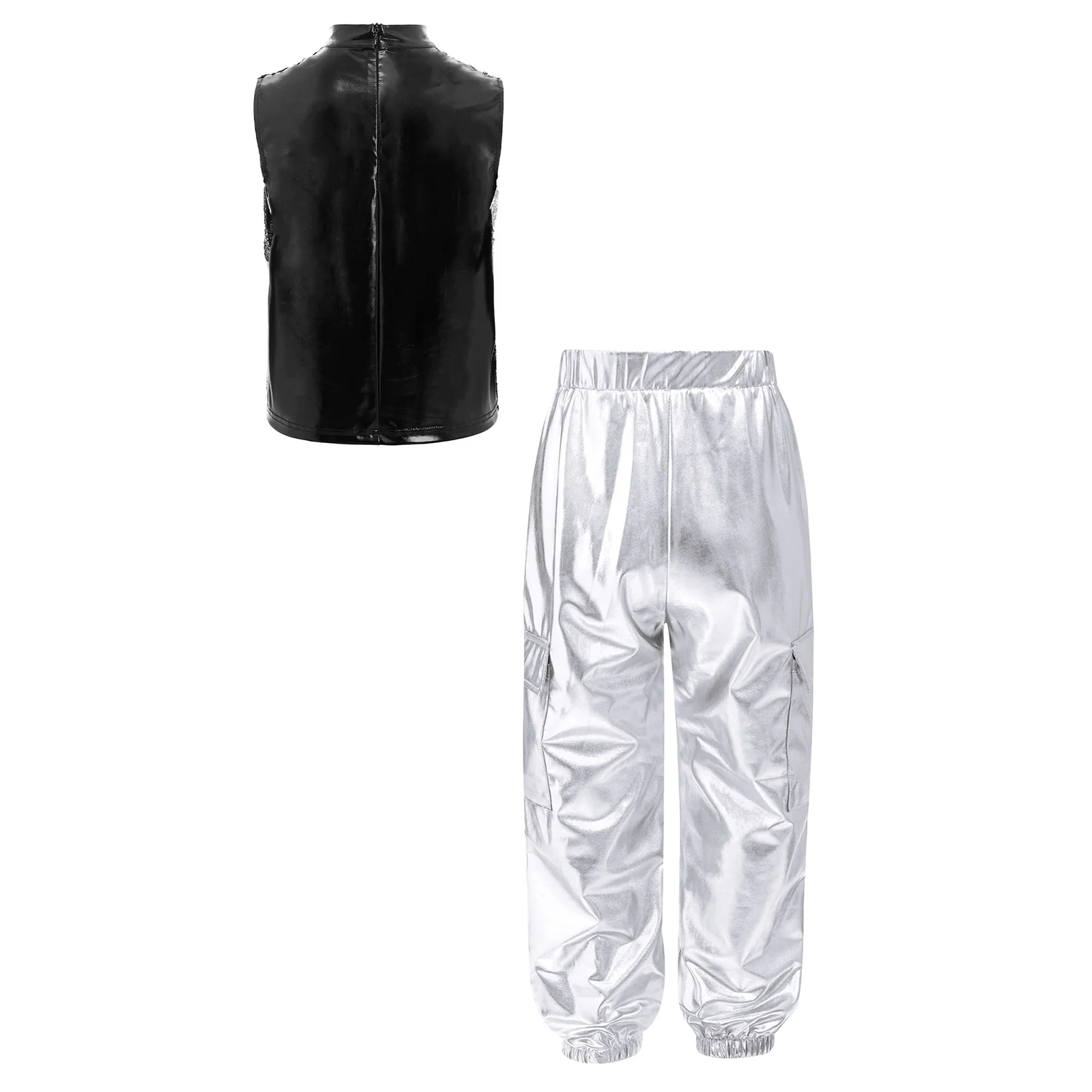 Fashion Children Modern Hip Hop Clothes Kids Boys Metallic Jazz Dance Costume Shiny Sequins Color Block Top with Cargo Pants
