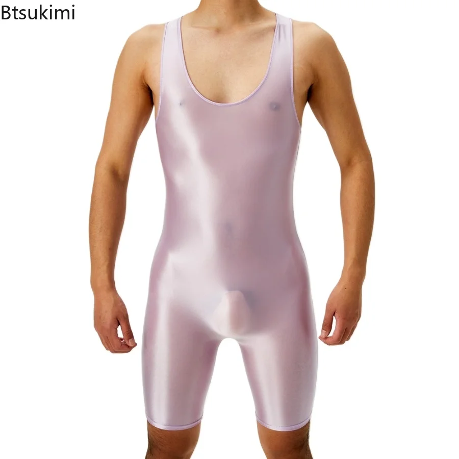New Men's Fashion Bodysuits Sexy Oil Shiny Sleeveless Onesies High Elastic Tight Underwear Men Transparent Bodybuilding Playsuit