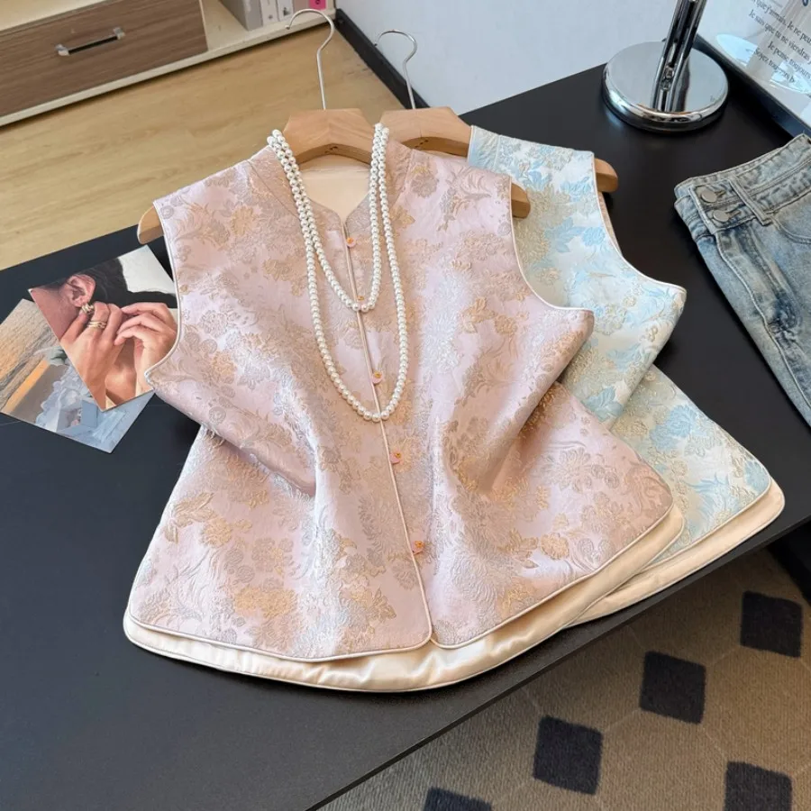 Handmade Chinese Style Reformed National Trend Satin Surface Embroidery Button Small Stand Collar High End Vest Top Coat
