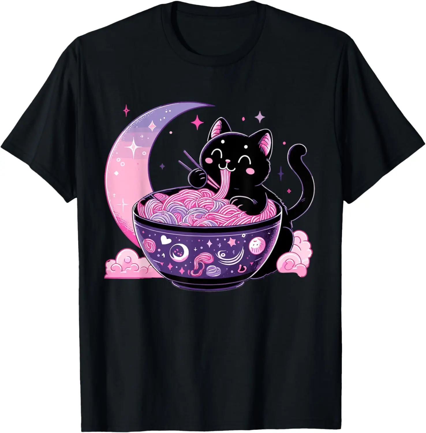 

Kawaii Cat Eating Ramen Moon Графическая футболка Симпатичная пастельная футболка с готическим принтом Повседневная одежда Черный японского аниме