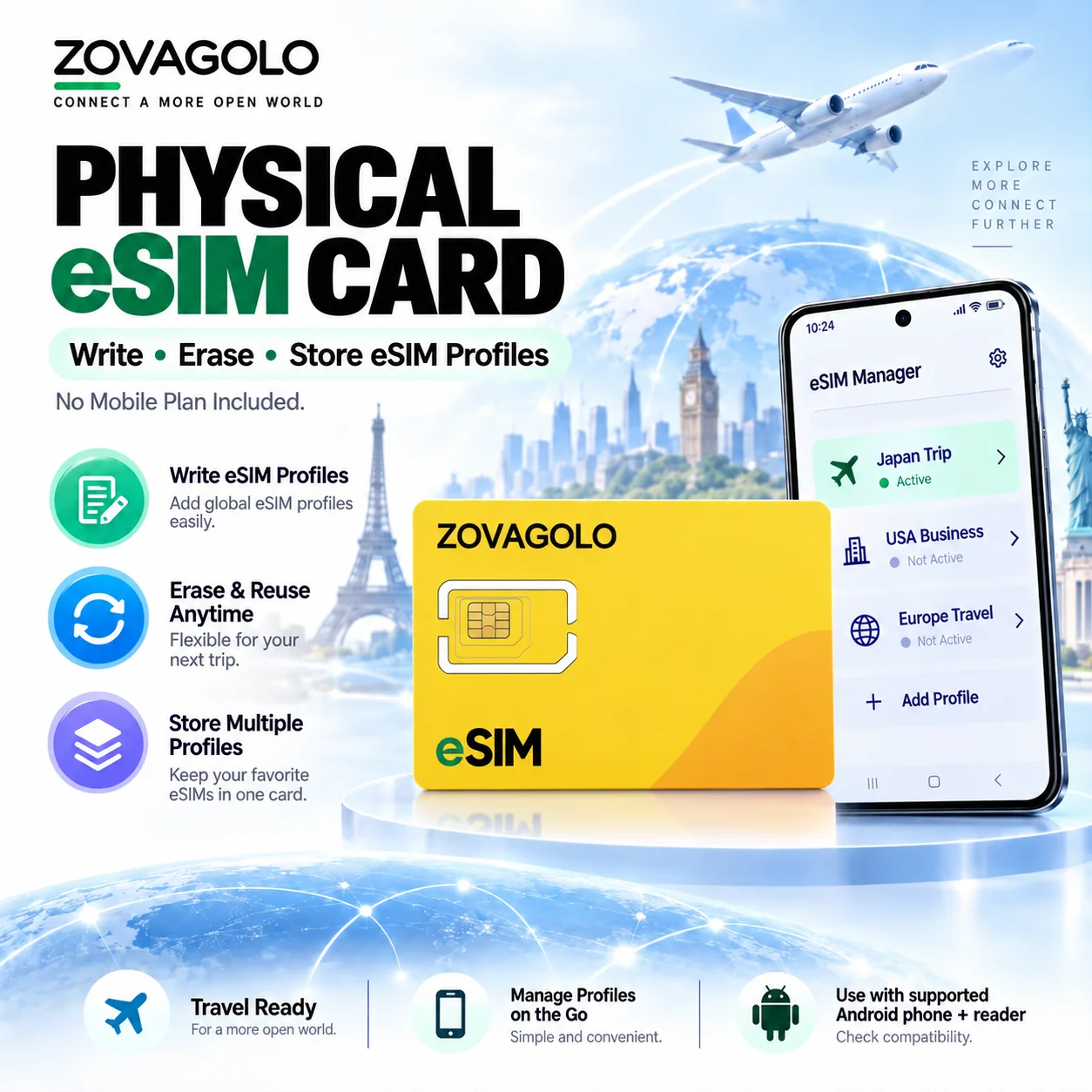 ESIM Physical Card EUICC Adapter Reusable EUICC Card Store 10-15 ESIM Profiles Write Erase ESIM for Travel Business IoT ZOVAGOLO