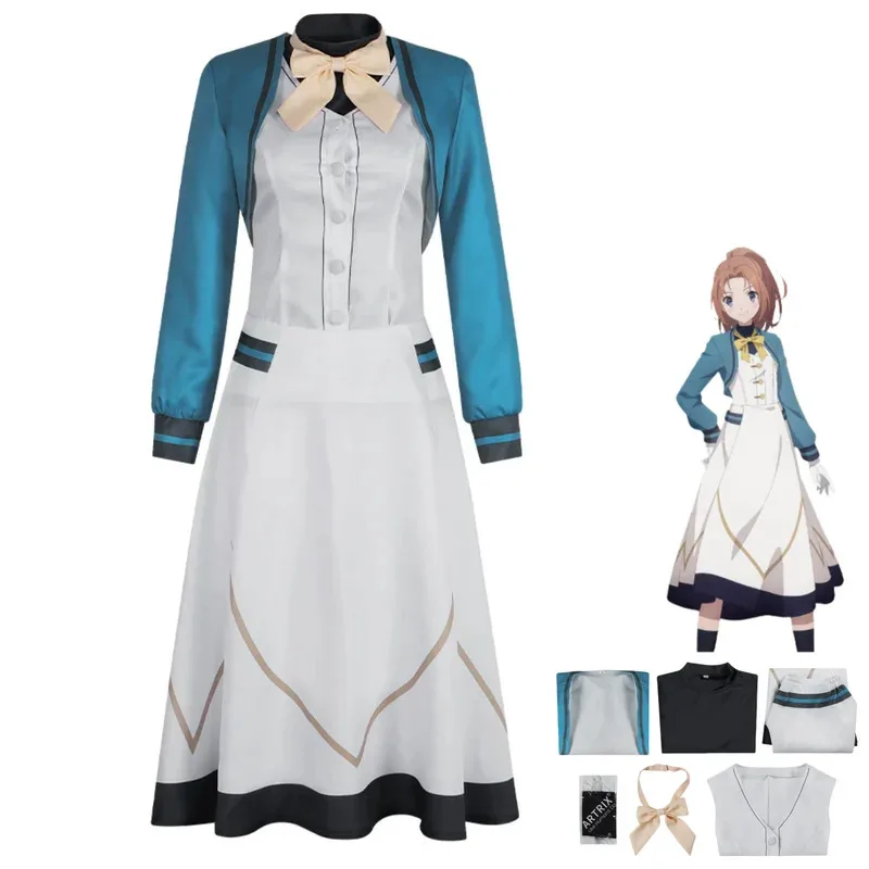 애니메이션 사일런트 위치치 모니카 에버렛 코스프레 의상 블루 코트 화이트 드레스 유니폼 여성 섹시 마스크 볼 카니발 슈트;3'v,6.h;8